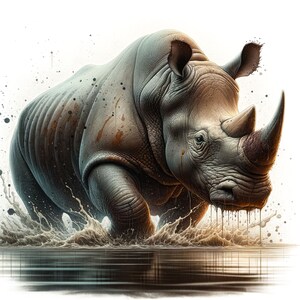 May include: A white rhinoceros charges through a shallow body of water, splashing water on either side. The rhino is covered in mud and has a large horn on its snout.