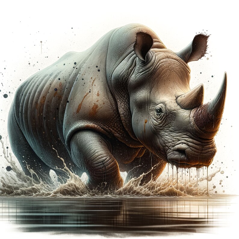 May include: A white rhinoceros charges through a shallow body of water, splashing water on either side. The rhino is covered in mud and has a large horn on its snout.
