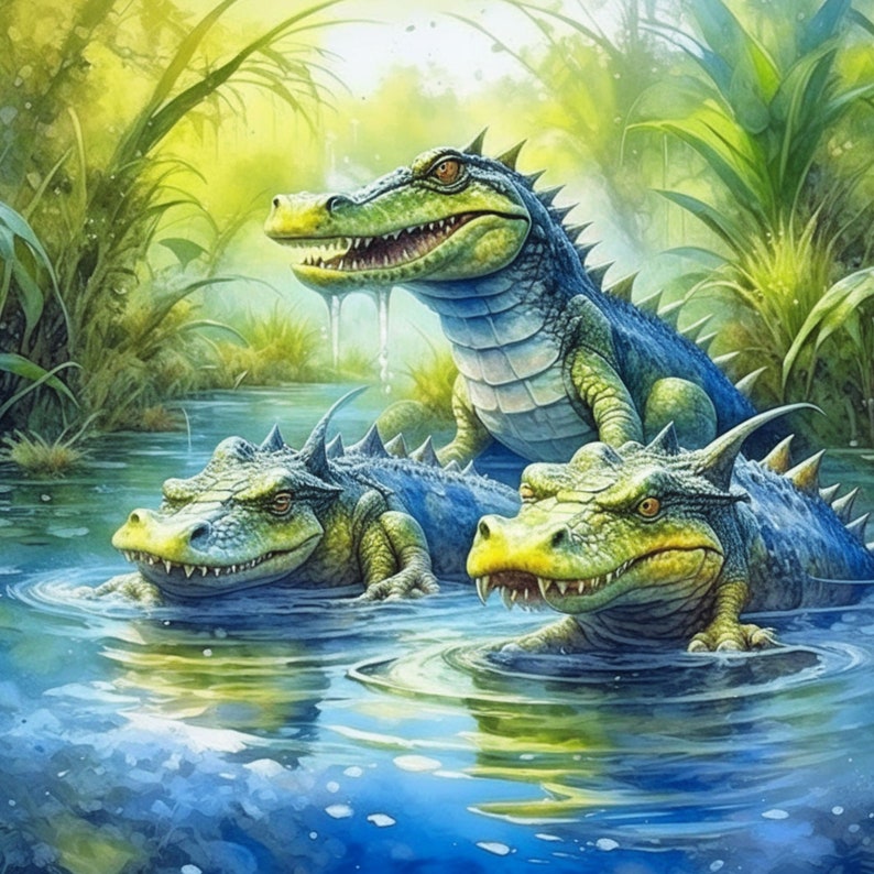 Puede incluir: Tres criaturas de color verde, azul y amarillo, parecidas a los caimanes, con dientes y garras afiladas, nadan en un estanque. El agua es clara y refleja la vegetaci&oacute;n verde circundante.