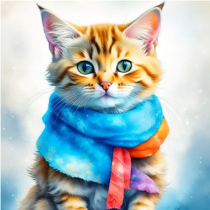 冬のスカーフをかぶった子猫のデジタルアート | クリップアート | 10 枚の高品質 JPG | デジタルダウンロード | AI アート | ミックスメディア | デジタルペーパークラフト
