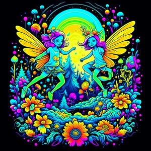 May include: Two fairies with wings and flowing hair fly through a psychedelic forest. The fairies are wearing blue and green dresses and have bright yellow wings. The forest is filled with colorful flowers and mushrooms.