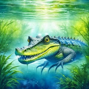 Puede incluir: Un cocodrilo verde y azul con una sonrisa de dientes nadando en una escena submarina verde y azul. El cocodrilo est&aacute; parcialmente sumergido en el agua, con su cabeza y patas delanteras visibles. El fondo es un verde y azul borroso, con burbujas y luz brillando a trav&eacute;s del agua.