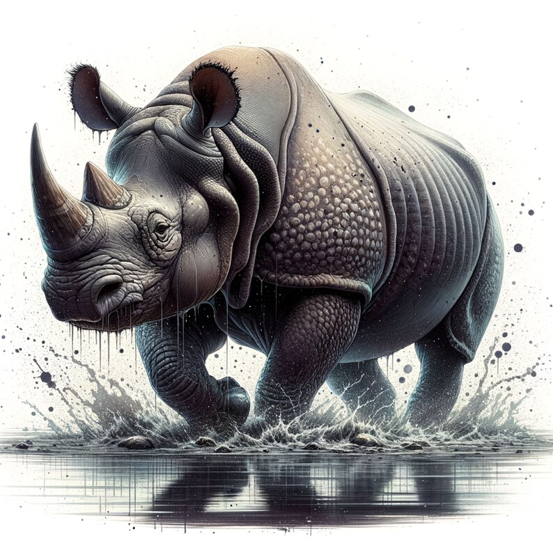 May include: A gray rhinoceros with a large horn is walking through a muddy puddle. The rhinoceros is facing the left side of the image. The background is white with black splatters.