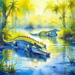 Puede incluir: Una pintura de dos caimanes en un paisaje pantanoso verde y amarillo. Los caimanes son verdes y azules con ojos amarillos. El caim&aacute;n m&aacute;s grande est&aacute; en primer plano y el m&aacute;s peque&ntilde;o est&aacute; en el fondo.