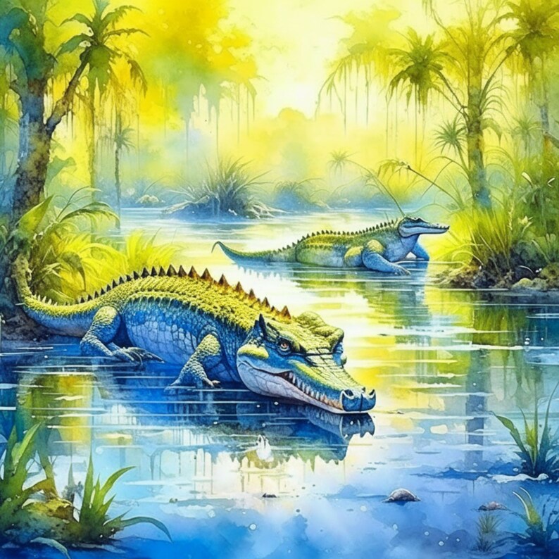 Puede incluir: Una pintura de dos caimanes en un paisaje pantanoso verde y amarillo. Los caimanes son verdes y azules con ojos amarillos. El caim&aacute;n m&aacute;s grande est&aacute; en primer plano y el m&aacute;s peque&ntilde;o est&aacute; en el fondo.