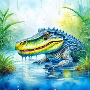 Puede incluir: Un cocodrilo azul y verde con dientes amarillos est&aacute; parcialmente sumergido en un cuerpo de agua azul. El cocodrilo est&aacute; mirando hacia la izquierda de la imagen. El fondo es una pintura de acuarela de follaje verde y azul.
