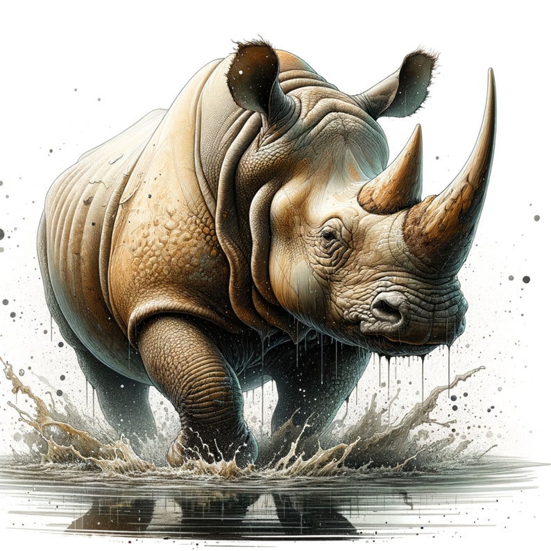 May include: A white rhinoceros with a large horn, walking through a muddy puddle of water. The rhinoceros is covered in mud and water droplets.