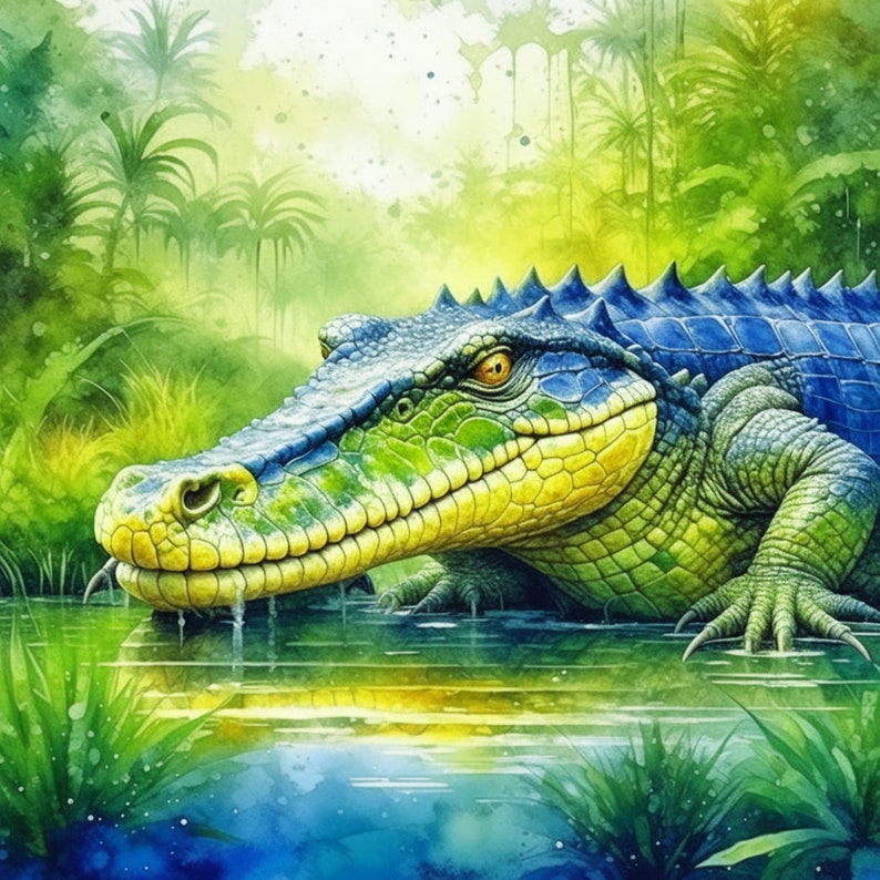 Puede incluir: Un gran cocodrilo verde y azul con marcas amarillas est&aacute; parcialmente sumergido en un cuerpo de agua. La cabeza del cocodrilo est&aacute; levantada y sus ojos est&aacute;n abiertos. El fondo es un exuberante bosque verde.