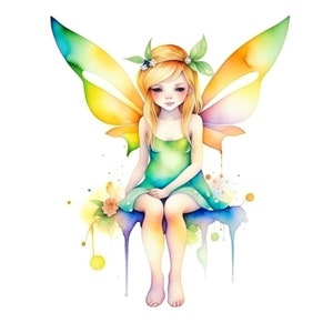 May include: Watercolor illustration of a fairy with blonde hair, wearing a green dress, and sitting on a blue surface. The fairy has colorful wings with shades of yellow, orange, green, and purple. The image has a whimsical and artistic style.