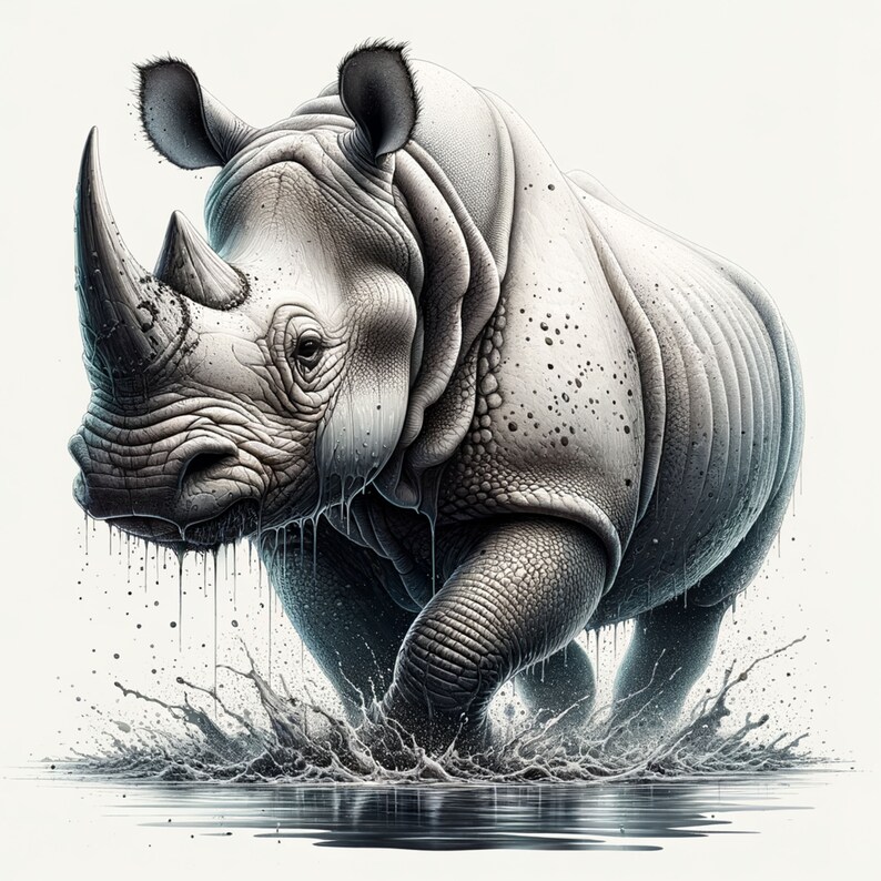 May include: A white rhinoceros with a large horn running through a shallow pool of water, splashing water on its sides.