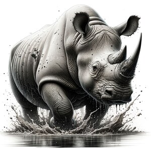 May include: A black and white illustration of a rhinoceros running through a muddy puddle. The rhinoceros is facing the viewer with its mouth open and its horn pointed forward. The mud is splashing up around the rhinoceros's legs.
