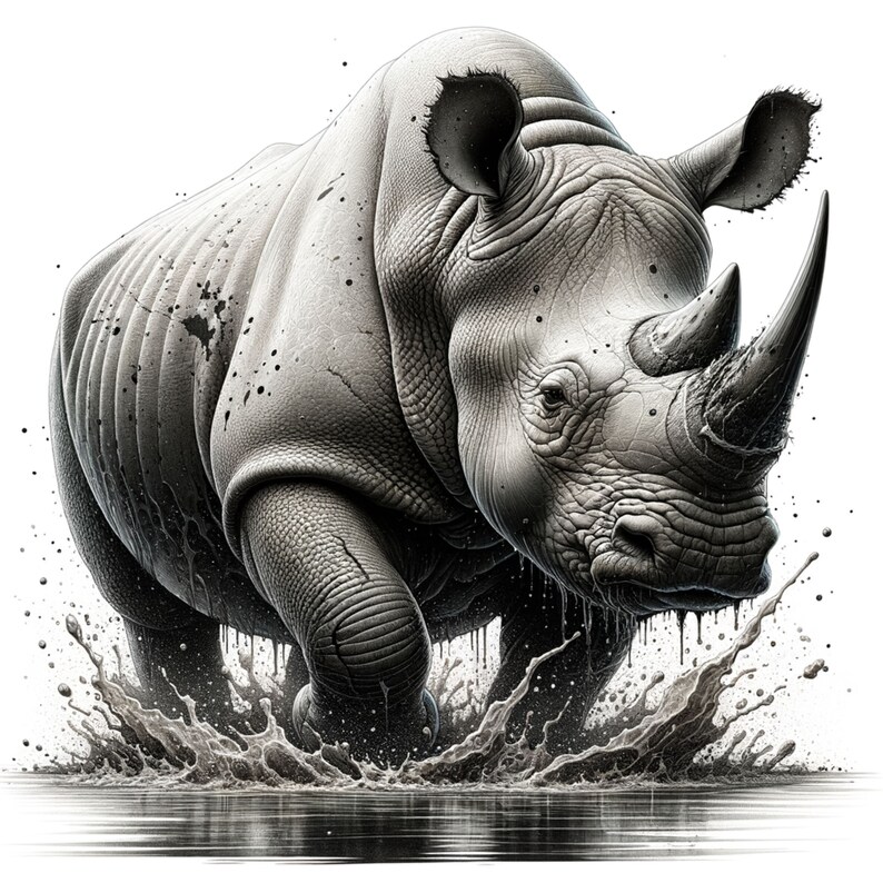 May include: A black and white illustration of a rhinoceros running through a muddy puddle. The rhinoceros is facing the viewer with its mouth open and its horn pointed forward. The mud is splashing up around the rhinoceros's legs.