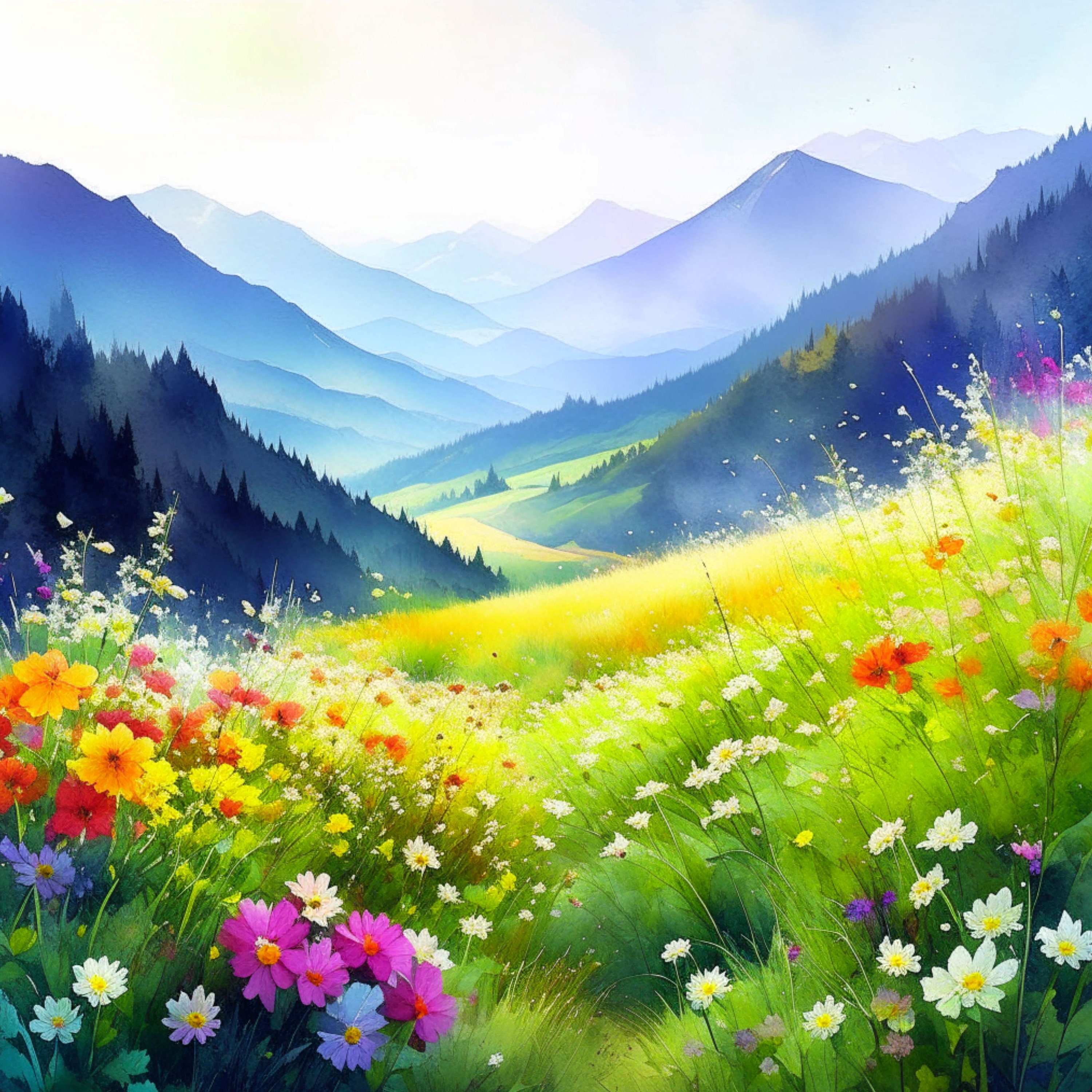 Mountainside of Wildflowers Digital Art Clipart 10 High Quality Jpgs Digital Download AI Art