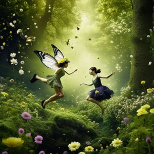 Puede incluir: Dos hadas con alas vuelan en un bosque verde con flores. Una hada lleva un vestido verde y la otra lleva un vestido azul.