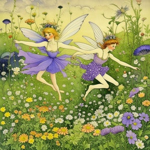 May include: Two fairies with wings and flowing dresses fly through a field of flowers. The fairies have long blonde hair and are wearing purple dresses. The flowers are in shades of pink, yellow, and white.