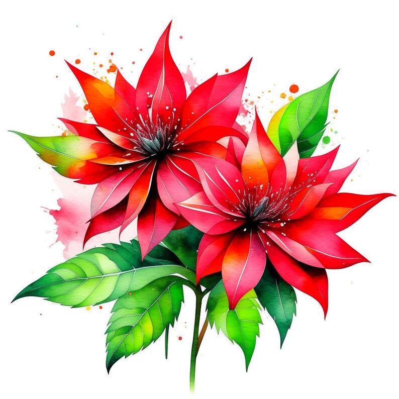 Puede incluir: Dos flores rojas de acuarela con hojas verdes sobre un fondo blanco. Las flores tienen un dise&ntilde;o delicado e intrincado.