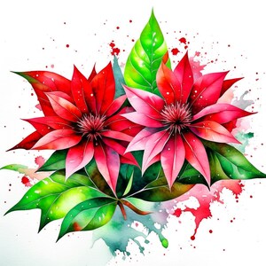 Puede incluir: Pintura acuarela de dos flores rojas y rosas con hojas verdes y un fondo blanco con salpicaduras de acuarela rojas y rosas.