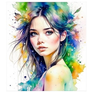 Puede incluir: Una pintura de acuarela de una mujer con cabello largo y oscuro. Lleva una corona de flores y tiene una expresión suave y soñadora. El fondo es un desenfoque de colores, incluyendo verde, azul y amarillo.