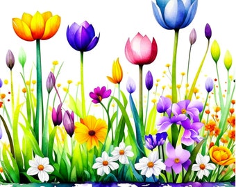 Campo de flores de primavera Arte digital / Clipart / 10 JPG de alta calidad / Descarga digital / Arte AI / Técnica mixta / Manualidades digitales con papel Flor