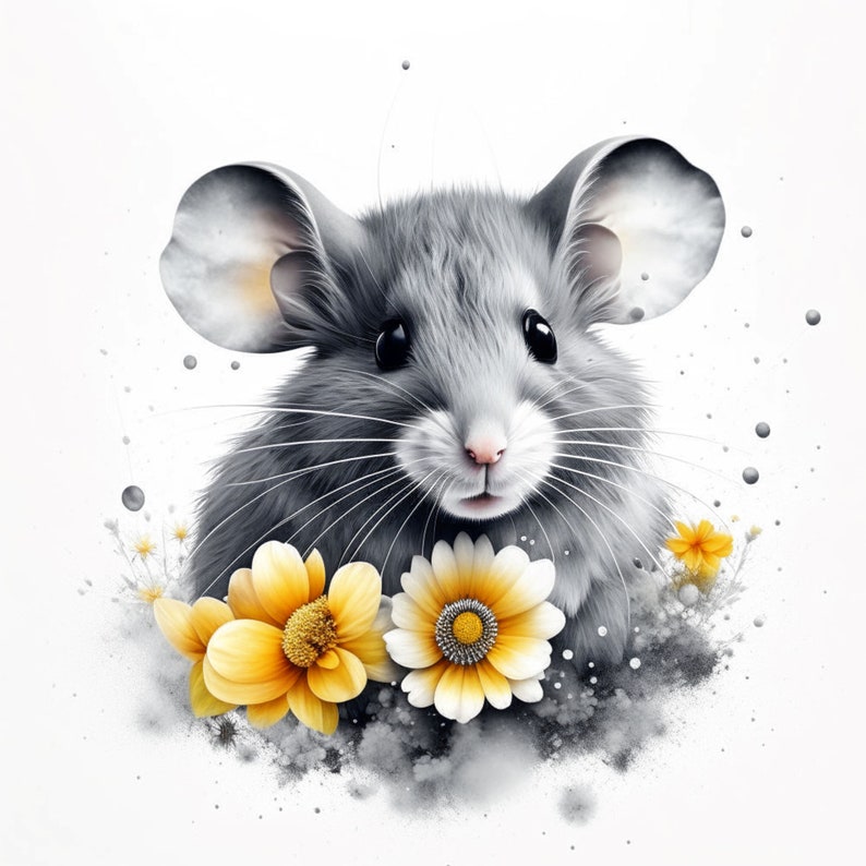 Grey Mouse Digital Art Mouse With Flowers Clipart 14 High Quality Jpgs