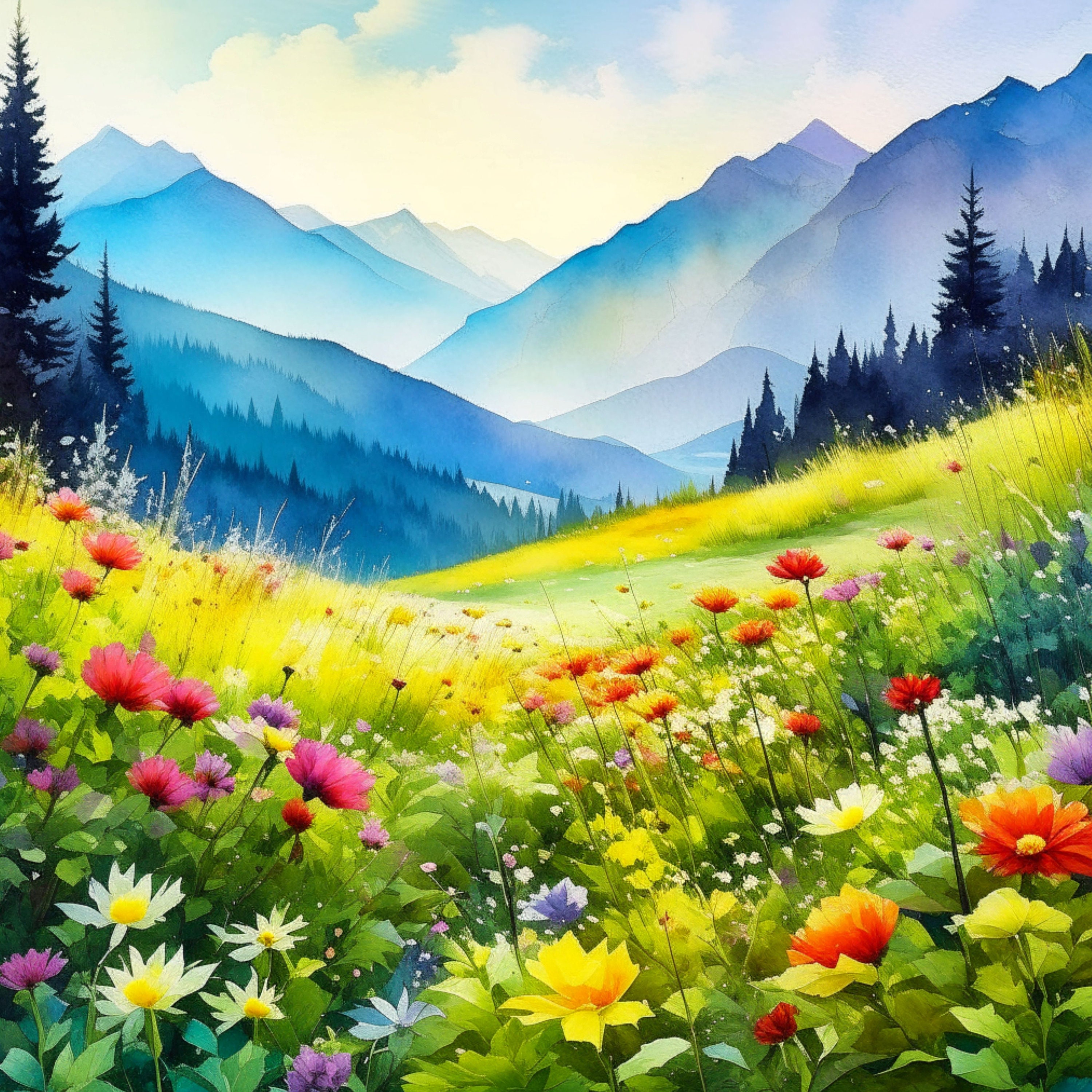 Mountainside of Wildflowers Digital Art Clipart 10 High Quality Jpgs Digital Download AI Art