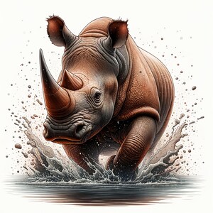 May include: A white rhinoceros charges through a shallow body of water, creating a spray of water droplets. The rhinoceros has a large horn and a thick, wrinkled hide.