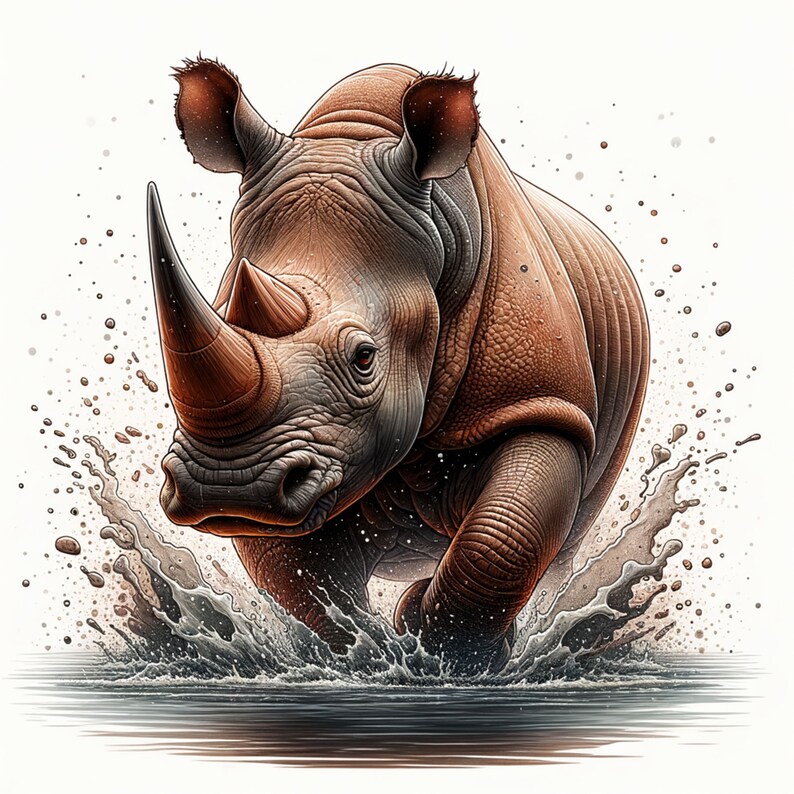 May include: A white rhinoceros charges through a shallow body of water, creating a spray of water droplets. The rhinoceros has a large horn and a thick, wrinkled hide.