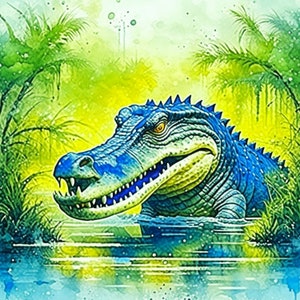 Puede incluir: Un cocodrilo azul y verde con dientes afilados est&aacute; parcialmente sumergido en un cuerpo de agua. El cocodrilo se encuentra en un entorno de selva con vegetaci&oacute;n verde y un fondo de acuarela.