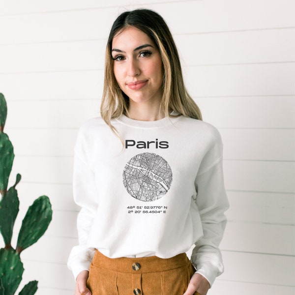 Paris Sweatshirt, urban City Print, weißer unisex Pullover, Travel Graphic Cardigan, Map Jumper, Map Blueprint Pullover, urbane Ästhetik