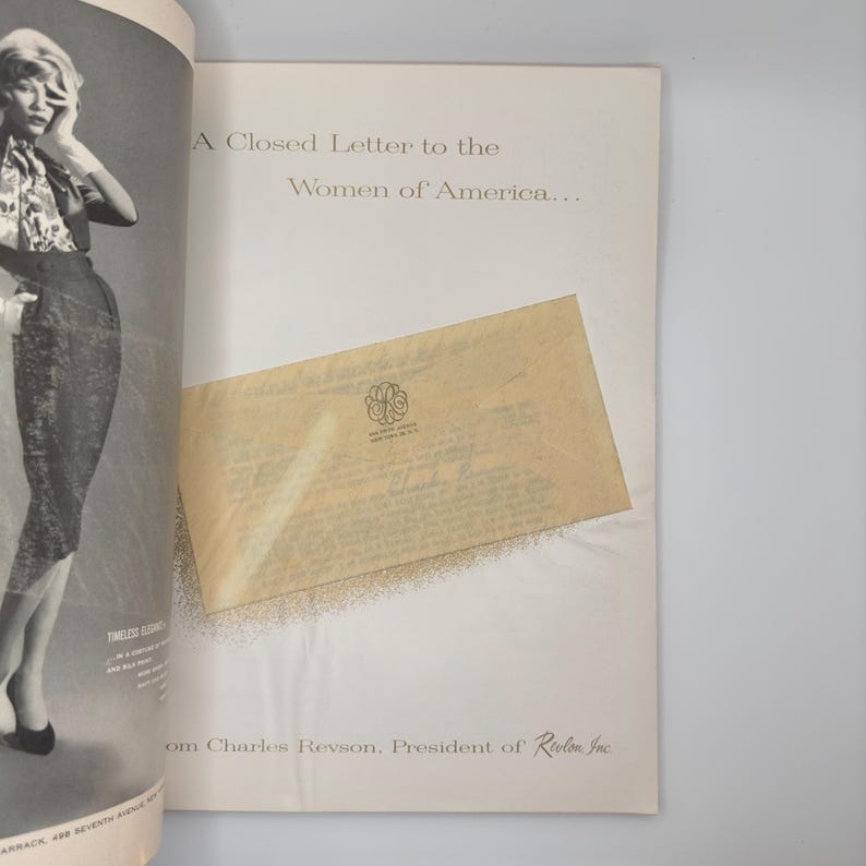 May include: A black and white magazine page with a photo of a woman wearing a patterned blouse and a skirt. The text on the page reads "A Closed Letter to the Women of America... from Charles Revson, President of Revlon, Inc."