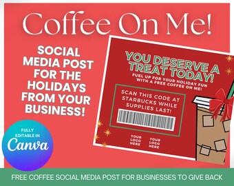 Plantilla para redes sociales Coffee on Me / Publicación de Facebook con CAFÉ DE NAVIDAD GRATIS