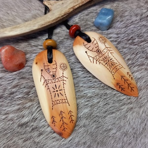Sami shaman wooden necklace, Drumming shaman in woods, Feather shaped, Spiritual charm, Yew