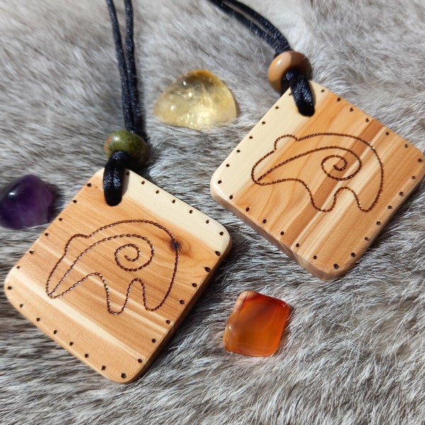 Zuni bear heartline wooden necklace, Native American design, Life force charm, Yew