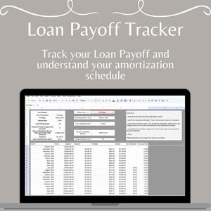 May include: A laptop displaying a loan payoff tracker spreadsheet. The screen shows data fields for loan details and an amortization schedule. The text "Loan Payoff Tracker" and "Track your Loan Payoff and understand your amortization schedule" are at the top. An "Order Now" button is at the bottom.