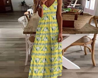 Yellow Floral Sundress, Boho Ankle Length Dress, Yellow Maxi Dress, Yellow Boho Dress, Yellow Garden Party Dress, Classy Yellow Summer Dress