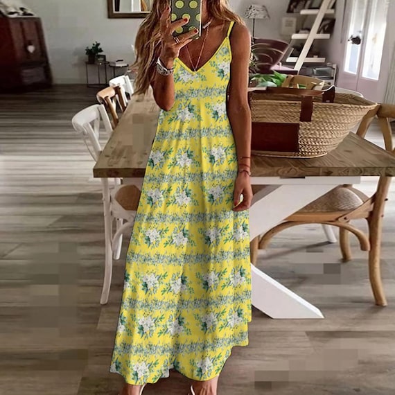 Yellow Floral Sundress, Boho Ankle Length Dress, Yellow Maxi Dress