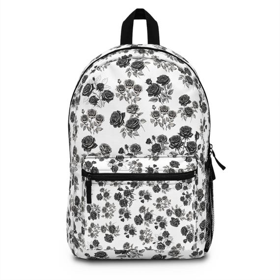 Dark Floral Backpack, Gothic Roses Backpack, White and Black  display picture 3