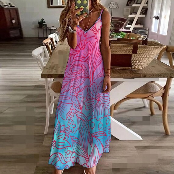 pink and blue casual dress Dainty pink A-line maxi dress with blue-flowered pattern, Glow-Up XXL / 12 / Pink-Blue