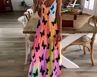 Vestido largo con tirantes y mariposas arcoíris, vestido colorido, vestido de verano hasta los tobillos, vestido de verano Fairycore, vestido de verano, regalo para esposa, regalo para mamá