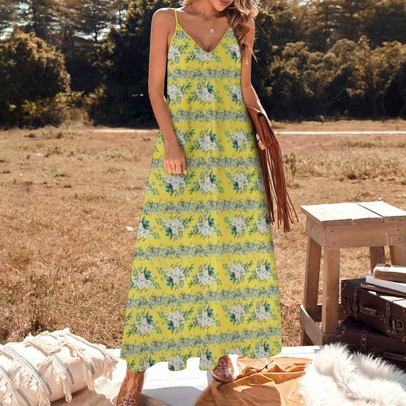 Yellow Floral Sundress, Boho Ankle Length Dress, Yellow Maxi Dress, Yellow Boho Dress, Yellow Garden Party Dress, Classy Yellow Summer Dress