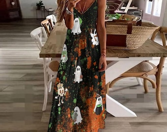 cute halloween dress, ghost dress, cute black and orange maxi dress, halloween gift, ladies halloween outfit, long black dress, spooky dress