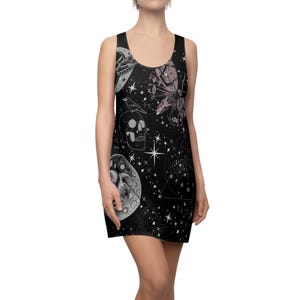 Moon and Moth Black Racerback Dress, Whimsigoth sundress, Mystical Moth and Skull Dress, Cute Fairy Goth Dress, Witchcore Dress