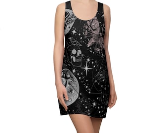 Moon and Moth Black Racerback Dress, Whimsigoth sundress, Mystical Moth and Skull Dress, Cute Fairy Goth Dress, Witchcore Dress