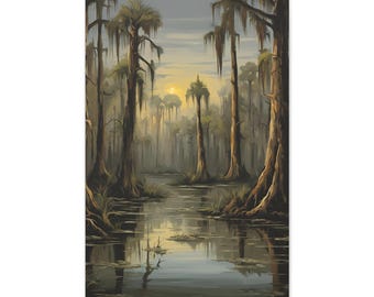 Swamp Painting, Swamp oil Painting Print, Louisiana Swamp painting with Cypress Trees, Louisiana Swamp Wall Art, Louisiana Wildlife decor