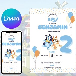 Convite Bluey | Download Digital | Convite Editável para Imprimir | Modelo Canva | Convite de Aniversário Bluey