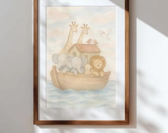 Arche Noah Kinderzimmer Druck - Aquarell Tiere, Bibelgeschichte (Digitaler Download)