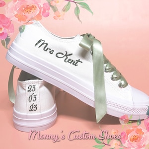 Custom Bridal Canvas Shoes | Personalised Wedding Trainers | Customised Wedding Pumps | Bride Sneakers | No Pearls Crystals | Heel Side Text