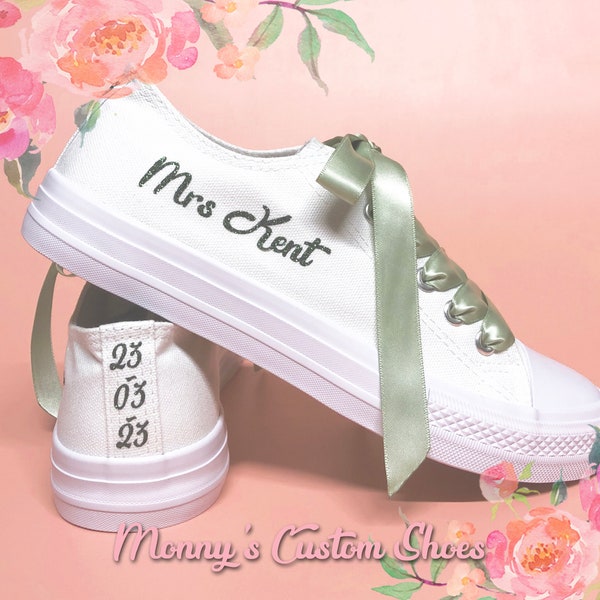 Custom Bridal Canvas Shoes | Personalised Wedding Trainers | Customised Wedding Pumps | Bride Sneakers | No Pearls Crystals | Heel Side Text