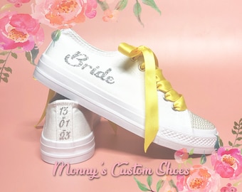 Custom Bridal Canvas Shoes | Personalised Wedding Trainers | Customised Wedding Pumps | Bride Sneakers | Pearls | Bows | Ribbons | White