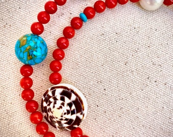 Red Coral, AAA Pearl, Balinese Shell & Turquoise Necklace / red necklace / accent necklace / shell necklace/ gift / necklace for women